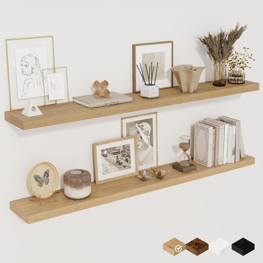 Fun Memories 48 Inch Floating Shelves for Wall, Set of 2 – Rustic Wood Wall-Mounted Shelves with Invisible Brackets for Bedroom, Bathroom, Kitchen – Storage, Books, or Decor, Oak