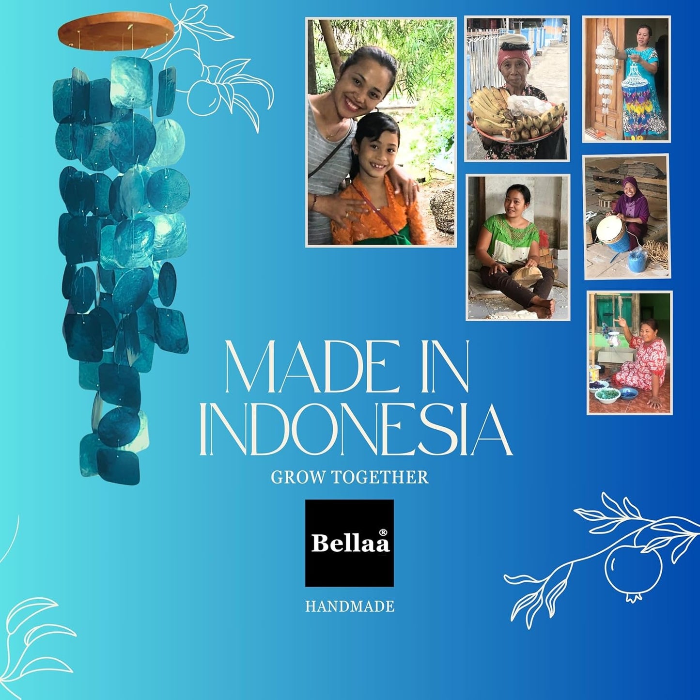 Bellaa 27918 Wind Chimes Outdoor, Garden Decorations, Musical, Indoor/Outside Windchimes, Beach, Ocean Breeze, Gifts for Mom, Gift for All Occasions, Capiz Sea Glass Shells Wood Blue 27 inch