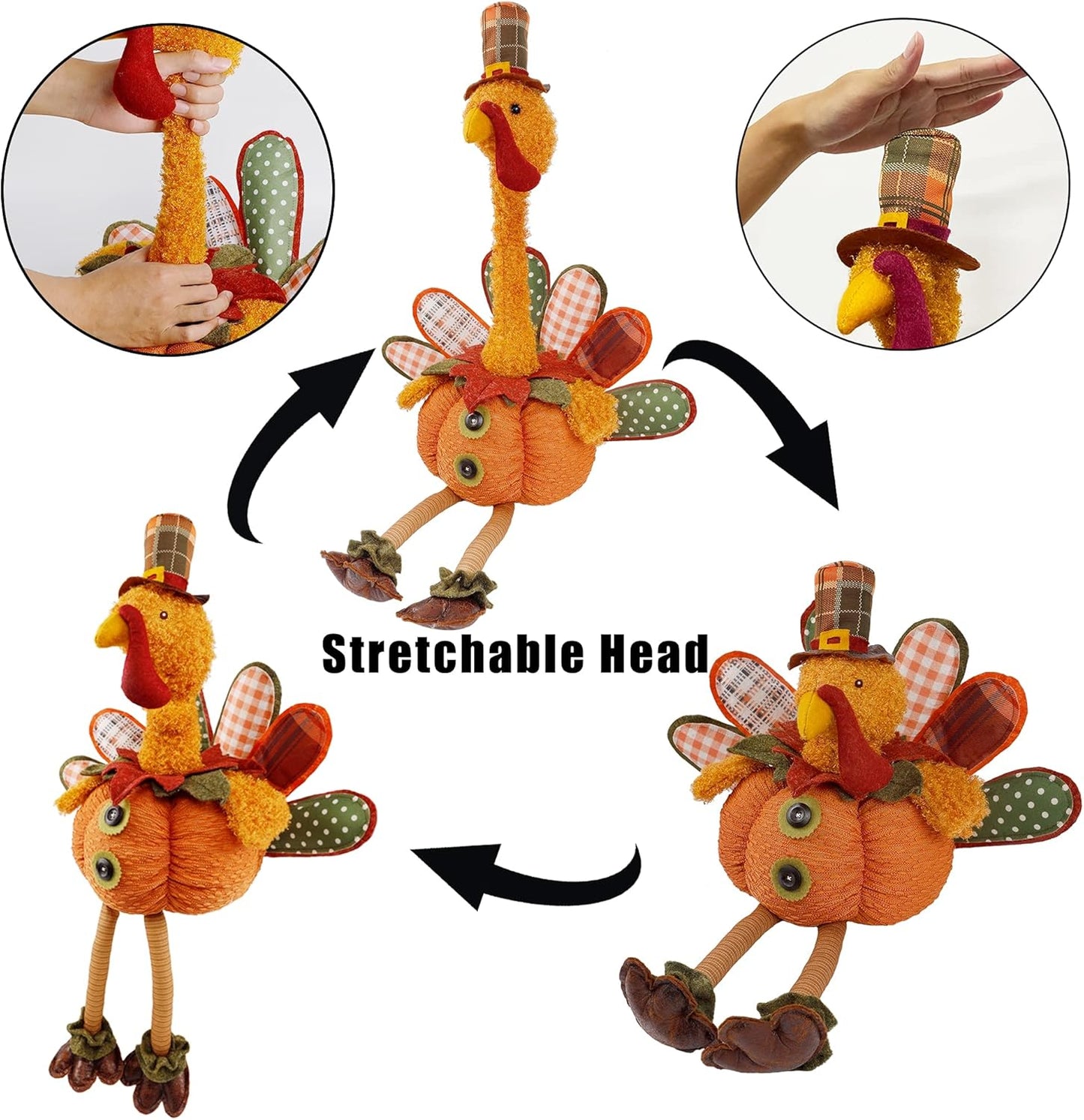 winemana Thanksgiving Decoration 31.5" x 18.5" Plush Turkey with Stretchable Head, Handmade Stuffed Sitting Turkeys Fall Decorations for Indoor Home Tabletop Party Autumn Decor (Cock)