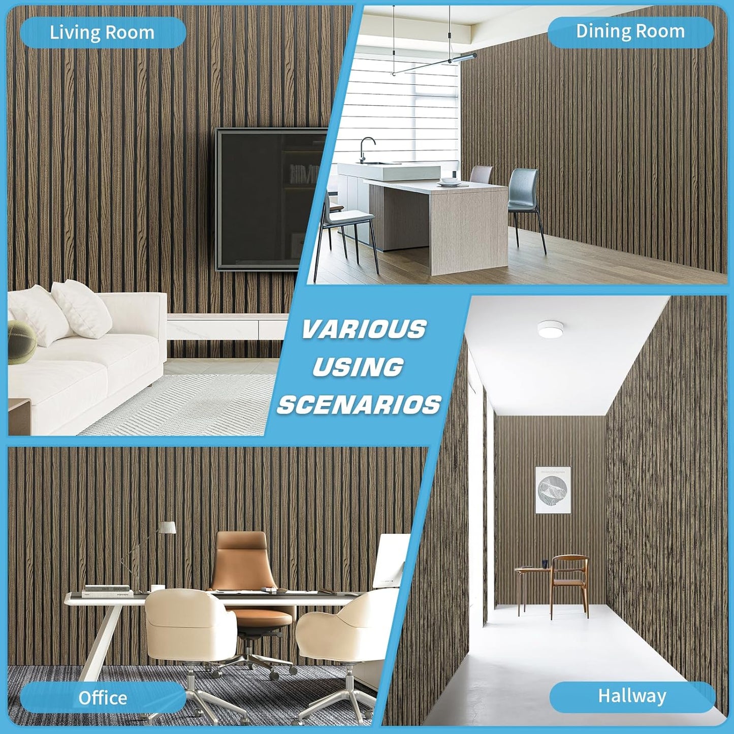 Art3d 4-Pack Glue-On Six-Grid Wainscoting Panel for Interior Wall Decor - 104 x 12 Inch Polystyrene Ultralight Slim Slat Wall Panels for Living Room Bedroom, Walnut