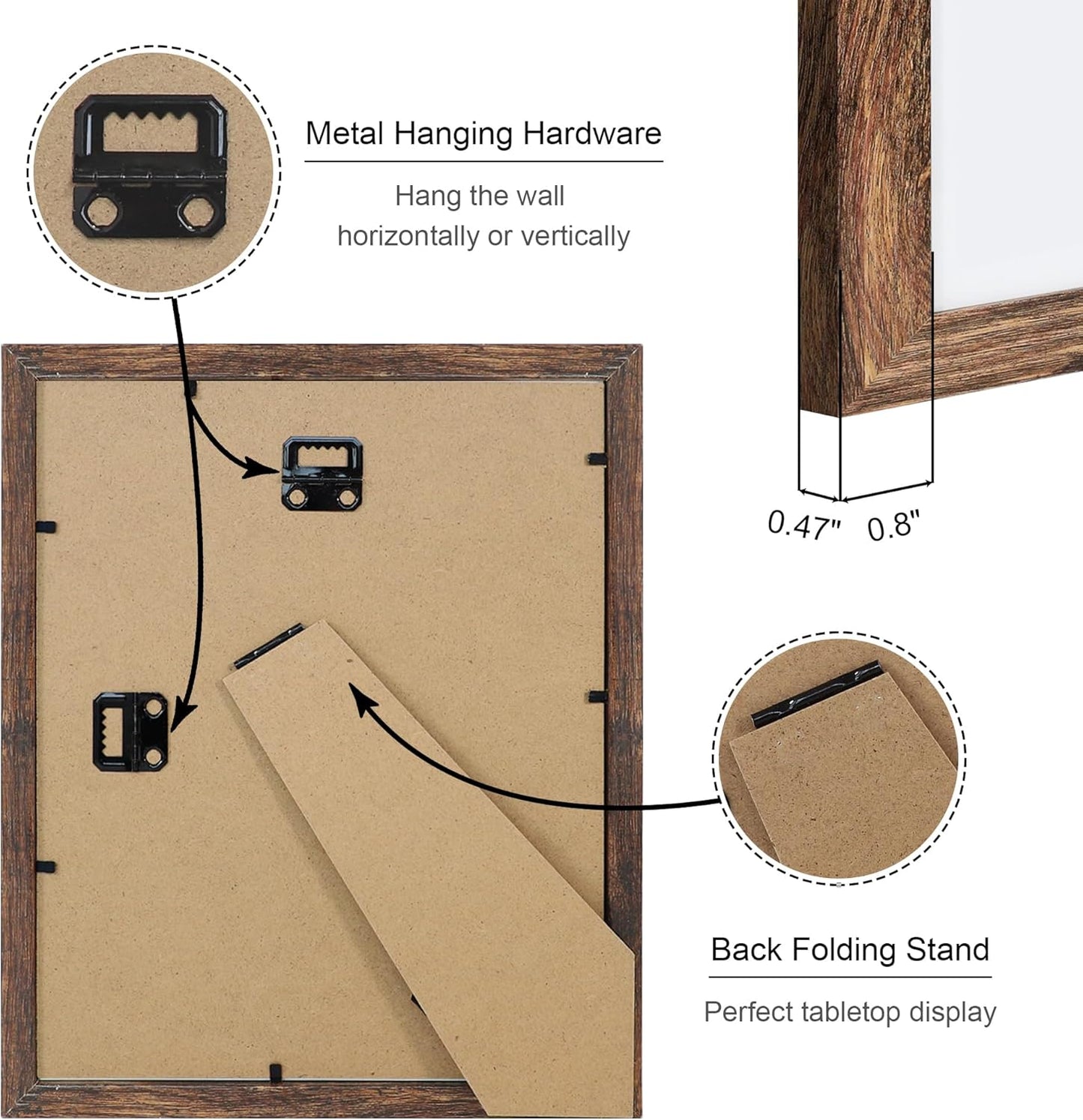 8x10 Picture Frame Set of 4, 8 x 10 Wood Photo Frames with Mat for 5x7, Natural Wooden Frame with Real Glass Cover for Wall and Tabletop Display,Rustic Brown