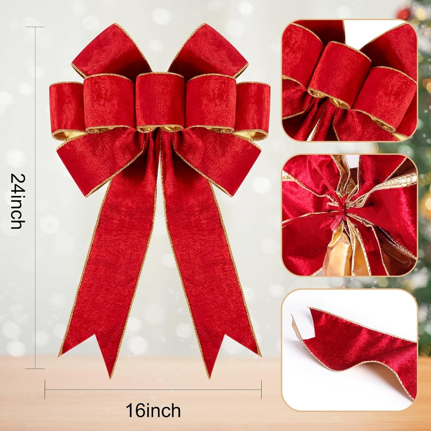 1Pack Large Christmas Bows Velvet Red Bows Holiday Red Christmas Bows Decorations for Wreath Velvet Bows Decor for Christmas Tree Topper, Front Door, Outdoor(24 * 16 inch)