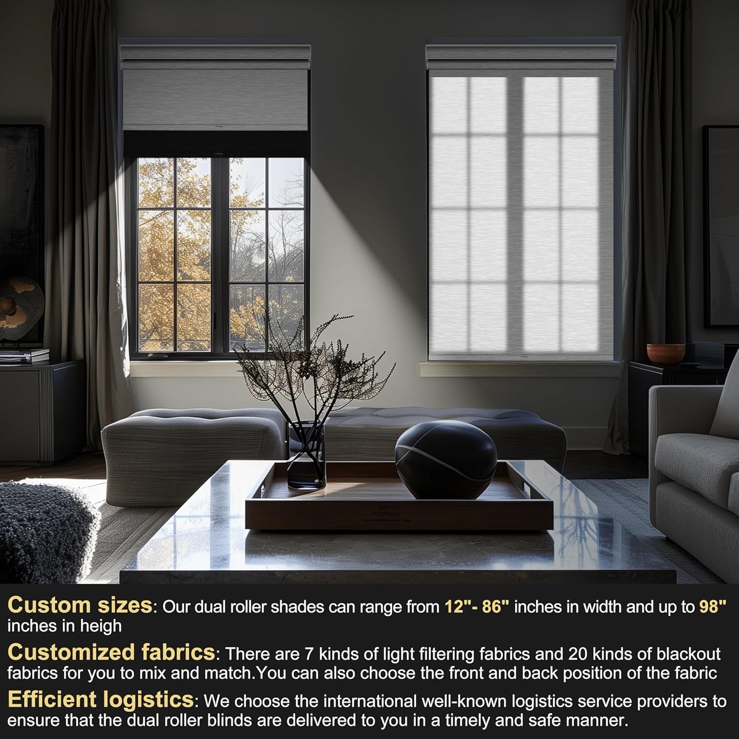 BERISSA Cordless Dual Roller Shades With Cassette Valance, Blackout and Light Filtering, Day and Night for Home Office Door - Linen Black and White, 43 W x 36" H