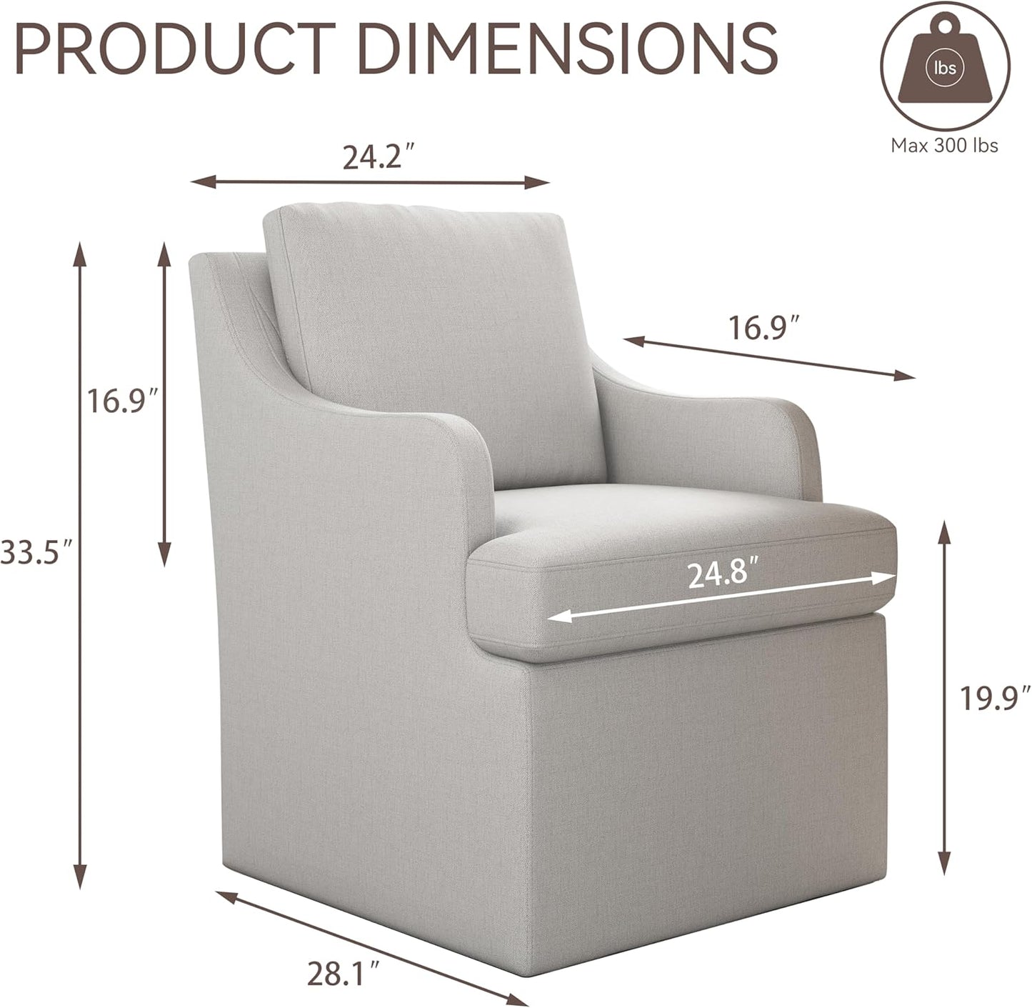 VKNOW Upholstered Dining Chairs Set of 2, Modern Kitchen Chairs Dinner Chairs with 4 Casters, Linen Armchair for Bedroom Reading Room Living Room, Light Grey