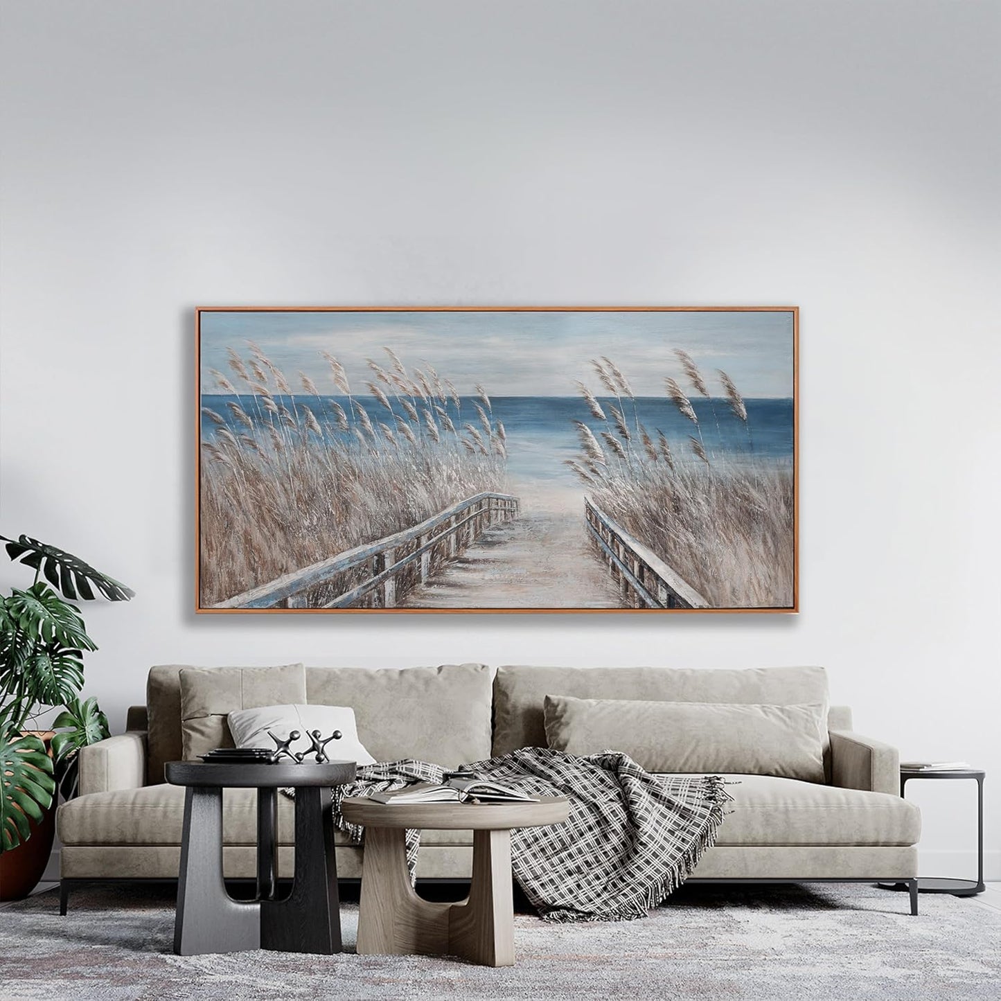 Framed Wall Art Scene Decor Canvas Print Painting Picture Artwork Framed Reed And Blue Coast Landscape Large Size For Living Room Bedroom Living Room And Office Wall Decor 29"X58"