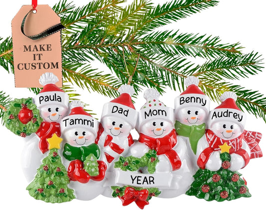 Personalized Family of 6 Ornament 2025 | Free 24h Customization | Laser Engraved Snowman Christmas Ornaments for Tree | Custom Gift Wrapped Festive Holiday Keepsake for Six Persons
