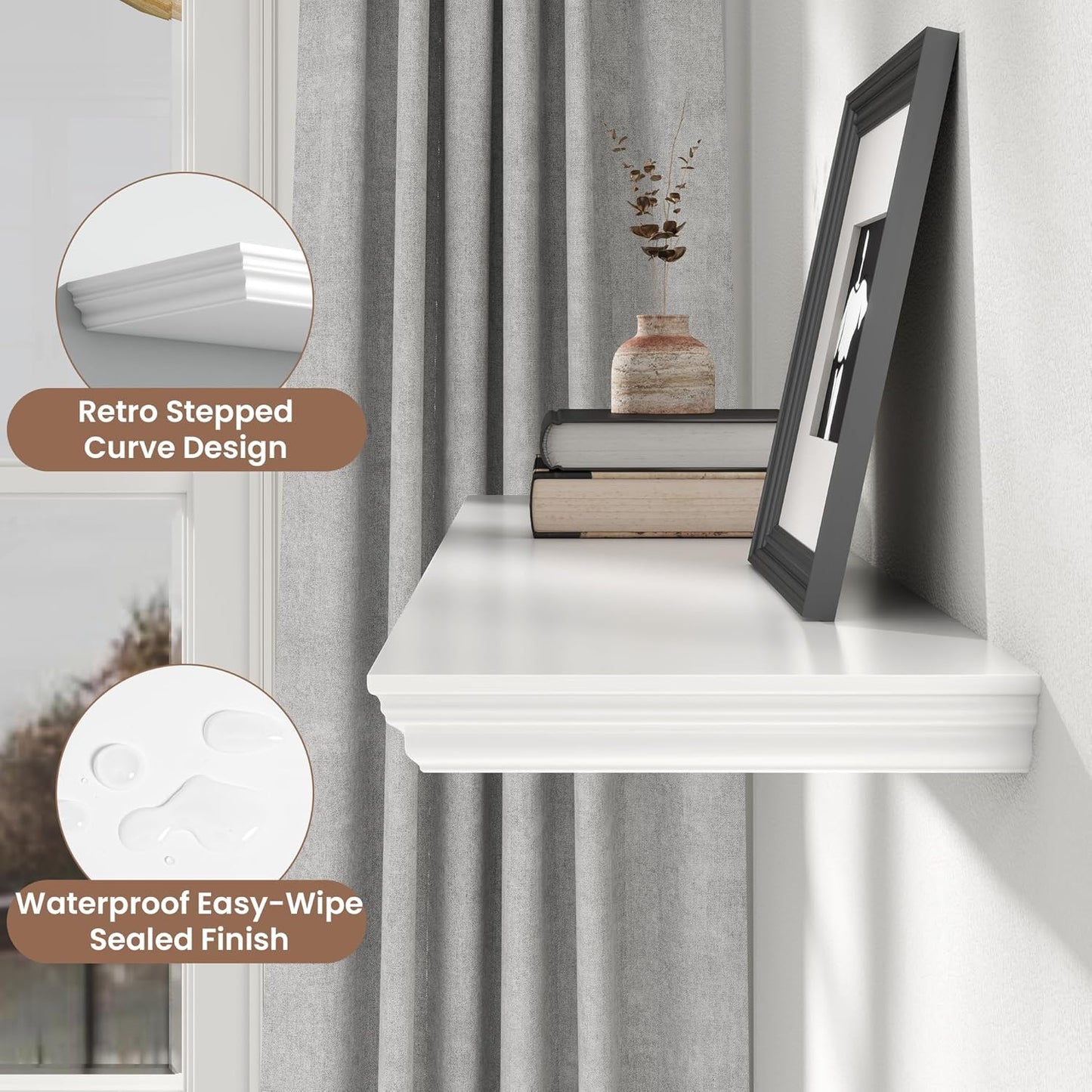 Floating Shelves for Wall, 16 Inch Wall Mounted White Hanging Shelf for Kitchen, Living Room, Office, Bedroom, Bathroom, Retro Vintage Wood Bookshelf for House Decor