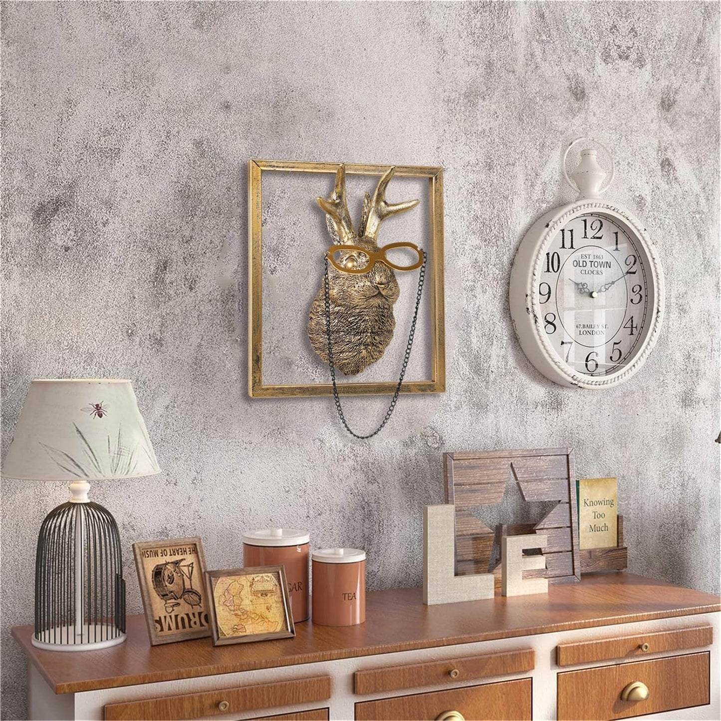 Animal Heads Wall Decor (Includes Metal Frame) Resin Animals Sculptures Head Wall Hanging Decoration Gold vintage Wall Sculpture for Living Room Bedroom Office(Jackalope)