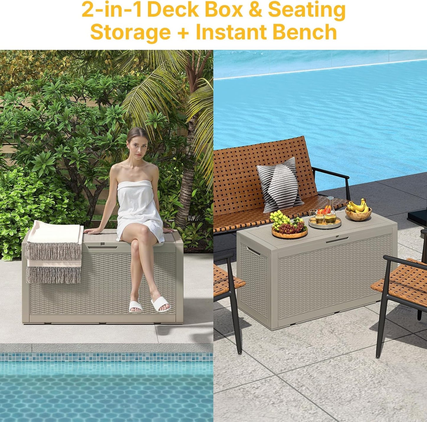 100 Gallon Deck Box Outdoor Waterproof, Rattan Outdoor Storage Box, Patio Storage Boxes for Cushions, Pillow, Garden Tools, Equipment