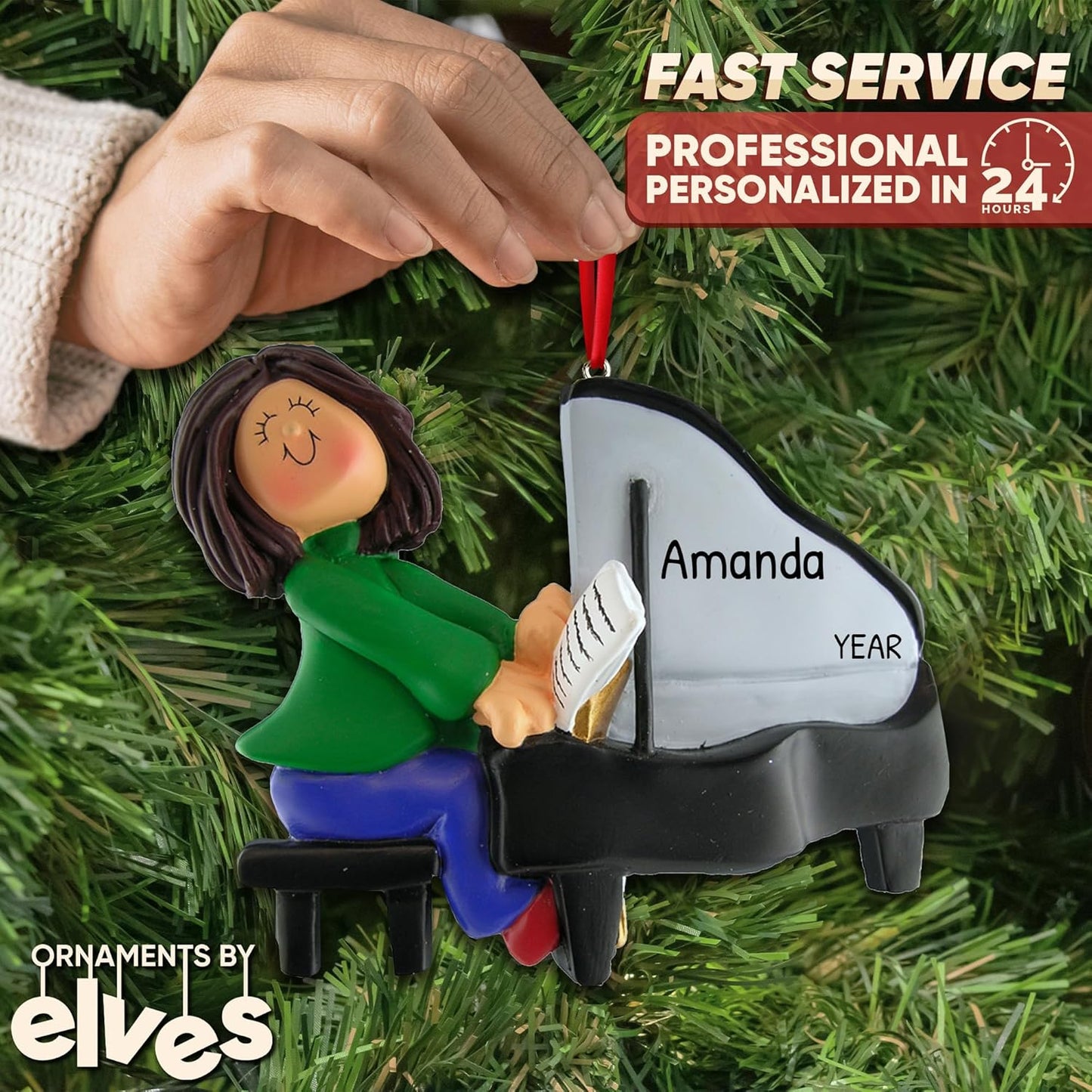 Personalized Music Ornaments 2024 - Brunette Girl Grand Piano Ornaments for Christmas Tree Musical Instrument Ornaments Music Lovers Musical Christmas Decorations Music Christmas Ornaments by Elves
