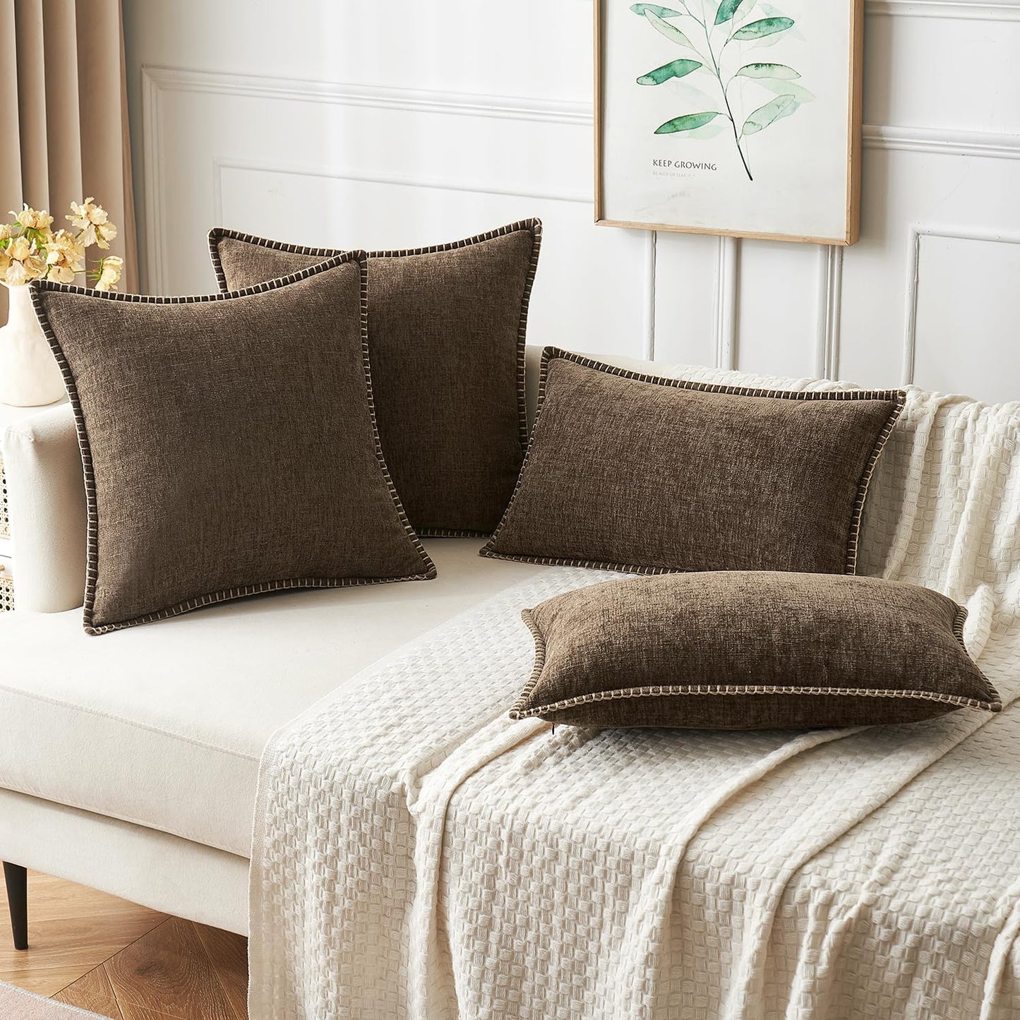 MIULEE Pack of 2 Couch Throw Pillow Covers 20x20 Inch Brown Farmhouse Decorative Pillow Covers with Stitched Edge Soft Chenille Solid Dyed Spring Pillow Covers for Sofa Bed Living Room
