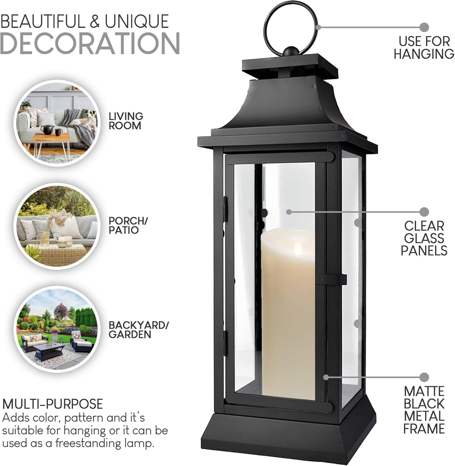 Serene Spaces Living Black Metal Hurricane Lantern with Clear Glass – 15" Tall, 5" Square. Versatile Hanging/Tabletop Candle Holder for Weddings, Parties, Indoor & Outdoor Home décor.