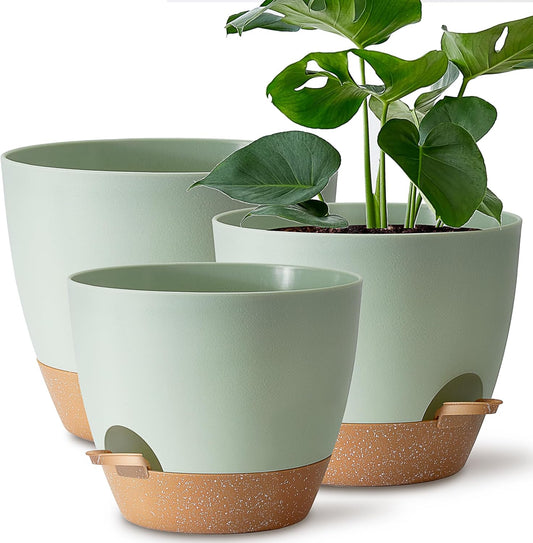 Giraffe Creation Plant Pots Set of 3 (12/10/9 inch), Self-Watering Indoor & Outdoor Flower Planters with Drainage Hole and Reservoir, Green