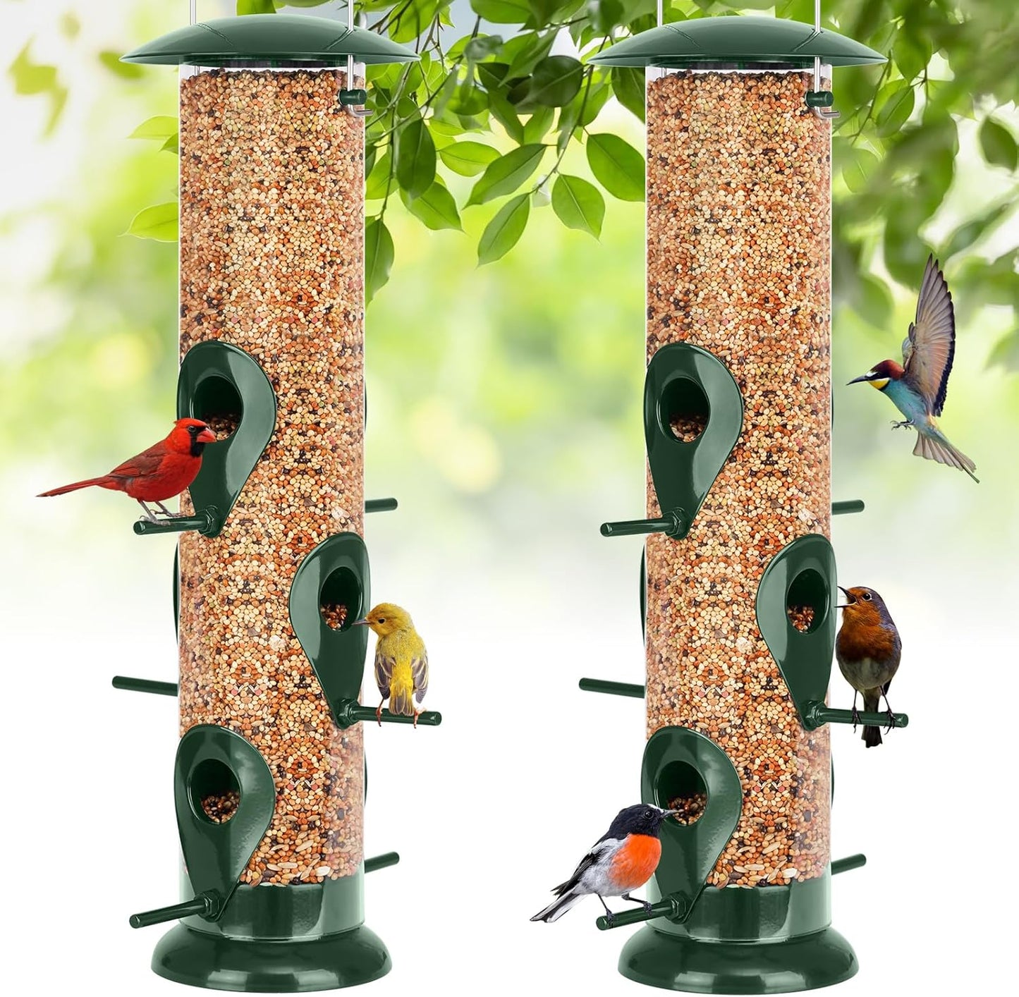 FEED GARDEN Metal Tube Bird Feeders for Outdoors Hanging, 6-Port Bird Feeder for Outside, Finch Feeders for Outside, Squirrel Proof Bird Feeders with Heavy Duty Metal Lid, Chew-Proof, 13 Inch Green