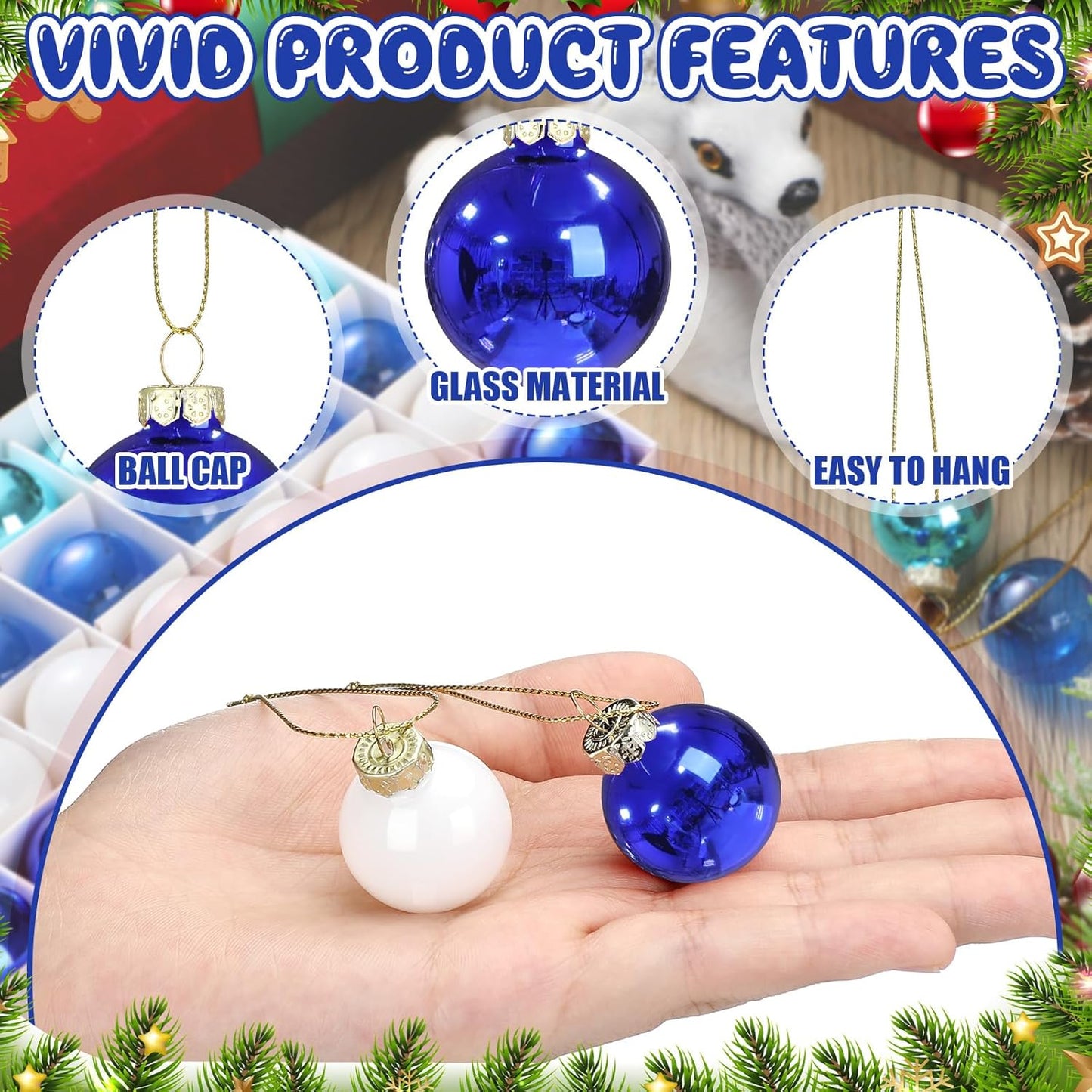 Tioncy 32 Pcs 1 Inch Mini Glass Christmas Ornaments Balls Shiny Christmas Balls Tiny Tree Hanging Decoration Small Colorful Ball Pendant for Xmas Party Supplies(Multi Blue, White)