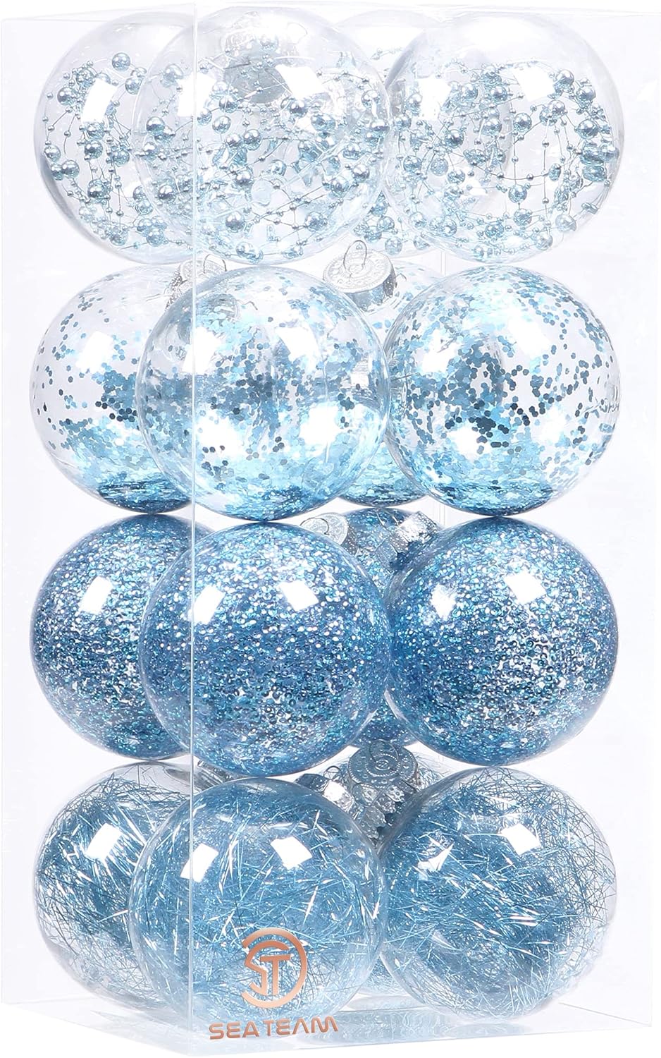Sea Team Shatterproof Clear Plastic Christmas Ball Ornaments Decorative Xmas Balls Baubles Set with Stuffed Delicate Decorations (100mm/3.94 inch 16-Pack, Babyblue)