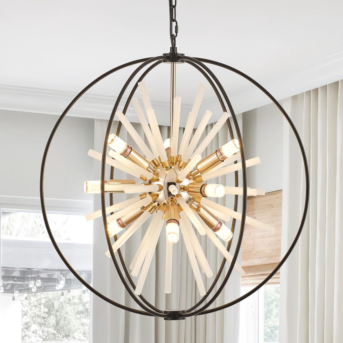 23.6" Black Gold 12-Light Globe Sputnik Chandelier Modern Adjustable Hanging Ceiling Glass Tube Pendant Light Fixture for Entryway Foyer Staircase Dining Living Room Hallway