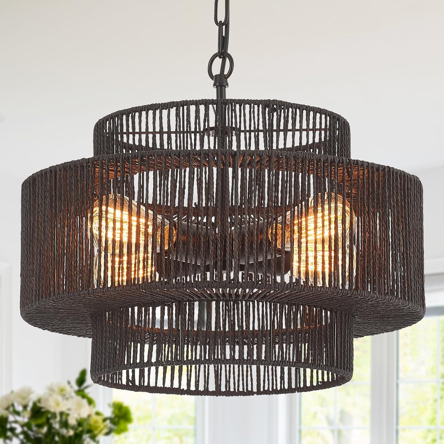 17.7" Rattan Chandelier Light Fixture Vintage 4-Lights Farmhouse Boho Hand-Woven Bamboo Chandelier Retro 3-Tier Drum Wicker Rattan Black Chandeliers for Dining Room, Kitchen, Bedroom,Foyer