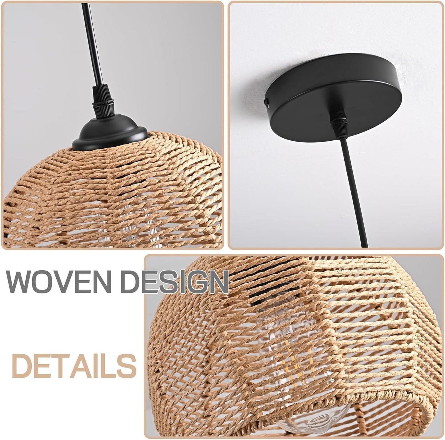 3 Pack Wicker Pendant Light Natural Woven Pendant Light Boho Chandelier Light Fixture Dome Rustic Farmhouse Pendant Lights Rattan Light Fixture for Dining Room Kitchen Island (Bulb Incl.)