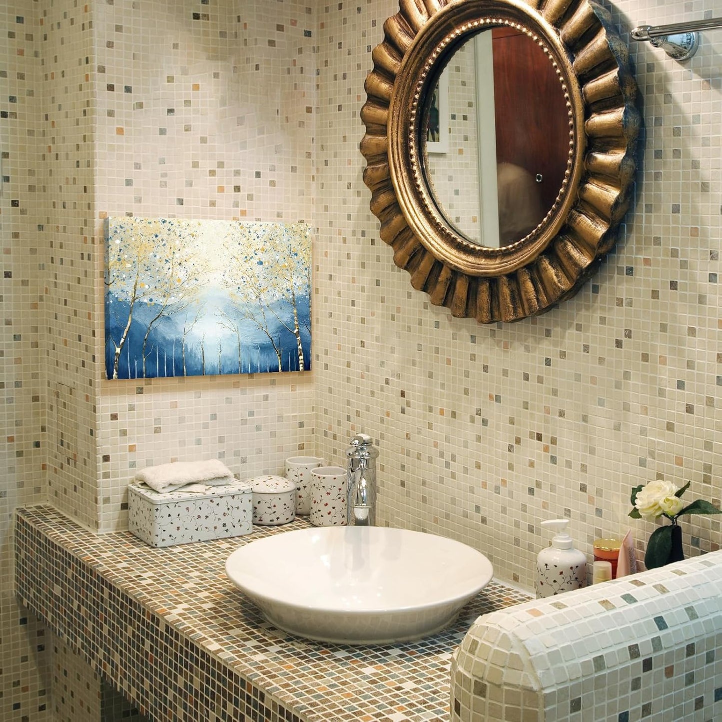 amatop Abstract Tree of Life Wall Art– Modern Blue Yellow Picture Forest Birch Mountain Canvas Print Minimalist Landscape Small Nature Artwork for Bathroom Bedroom Office Decor,16x12 Inch