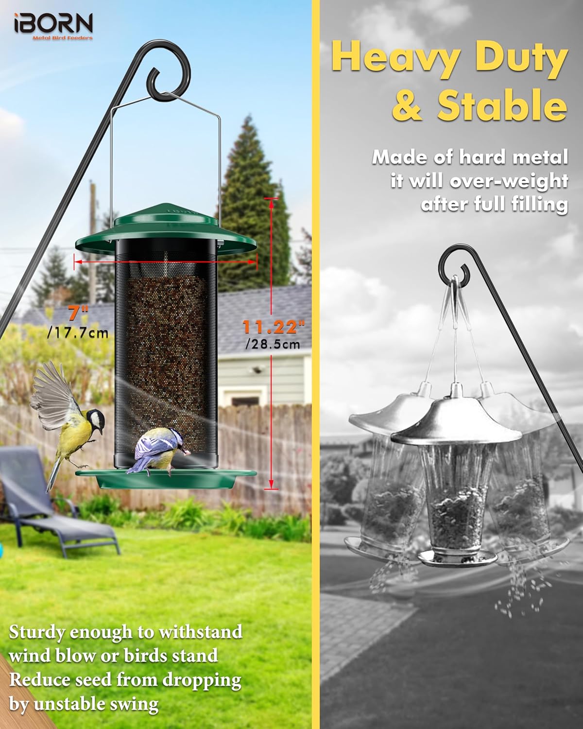 iBorn Bird Feeders for Outdoors, All Metal Mesh Tube, Holding Bird Seed for Outside Feeders,18cm Large Roof, Green, 2.8lb(Seed is not Included)