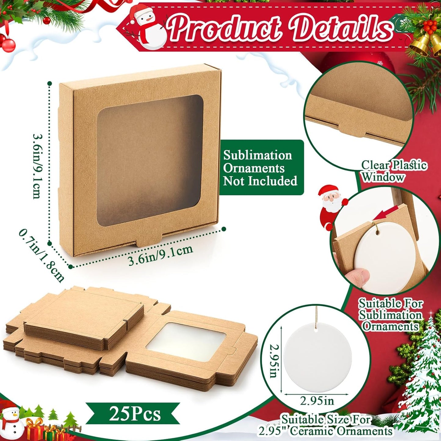 25 Pcs Sublimation Ornament Blanks Box 3.6"x3.6"x0.7" Christmas Ornaments Holder Ceramic Discs Packaging Box with Window for Personalized Xmas Tree Blanks Bulk (Kraft Paper)