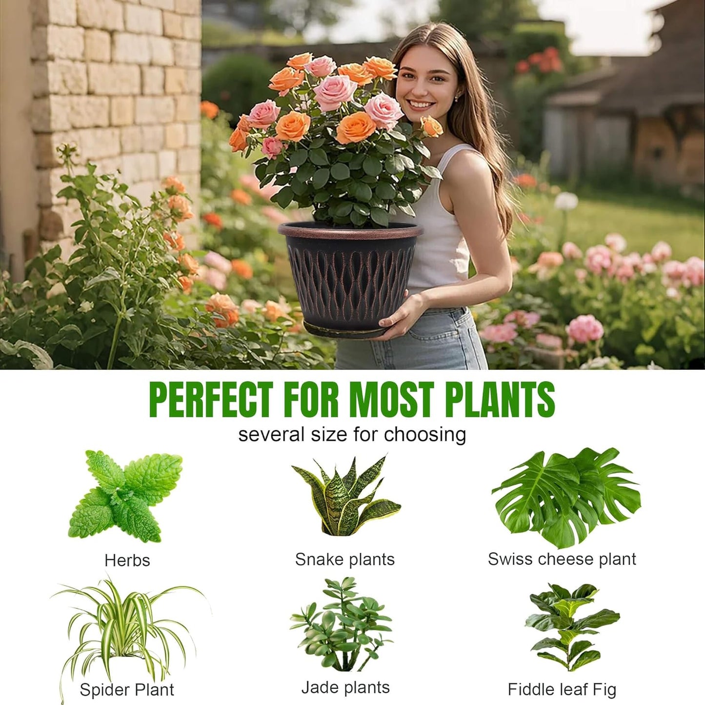 6 Pack 8 Inch Retro Plant Pots, Vintage Striped Flower Pots with Drainage Hole & Saucer, Large Plastic Planters for Indoor and Outdoor Plants, Decorative Garden Pots(Copper)