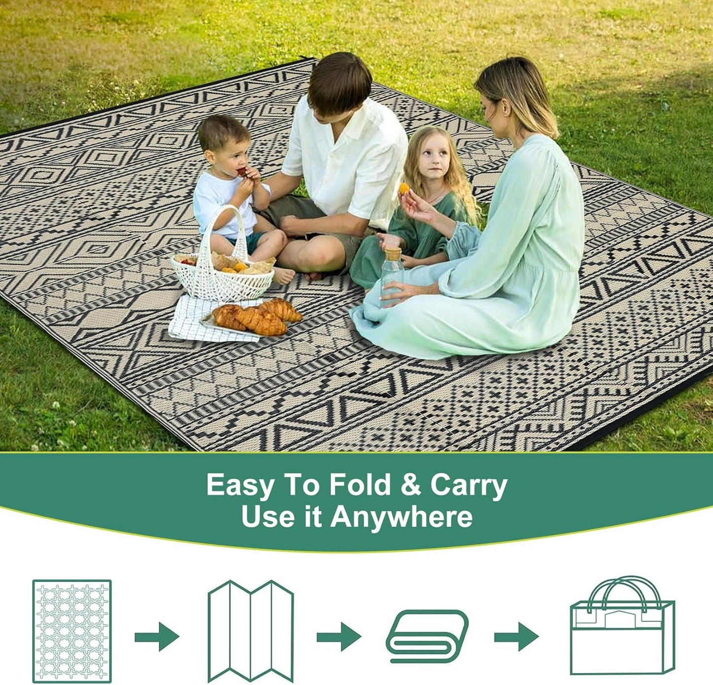 GAOMON Outdoor Rug 9'x12' Waterproof Rug for Patio Decor, Foldable Reversible Plastic Straw Area Rugs Mat for Camper, Outside Carpet for Deck, Porch, Picnic, Beach, Black/Coffee(Bohemia)