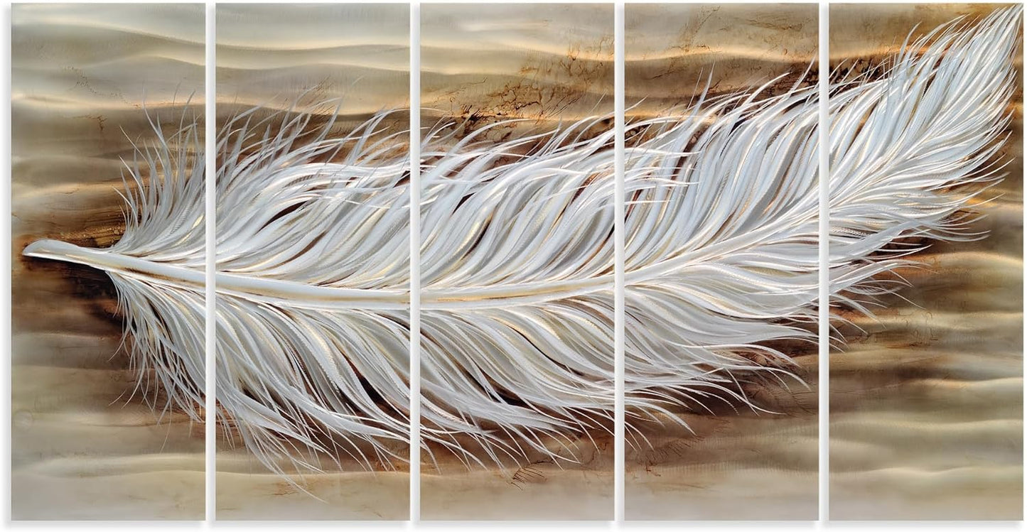 Yihui Arts Rustic Metal Wall Art - Feather 3D Aluminum Still Life Sculpture for Living Room or Farmhouse Bedroom Decor