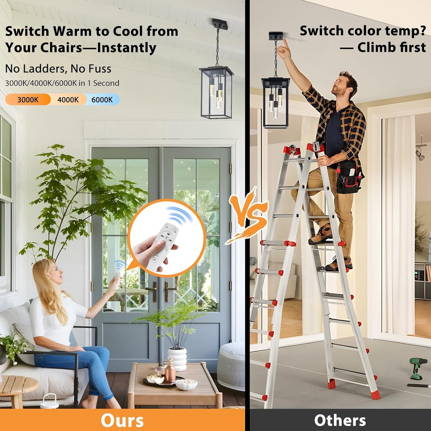 3-Color LED Outdoor Pendant Light with Remote, 3-Light 19" Large Outdoor Chandelier for Porch, Black Exterior Pendant Lighting Fixture Ceiling Mount Pendant Lantern for Patio Front Door