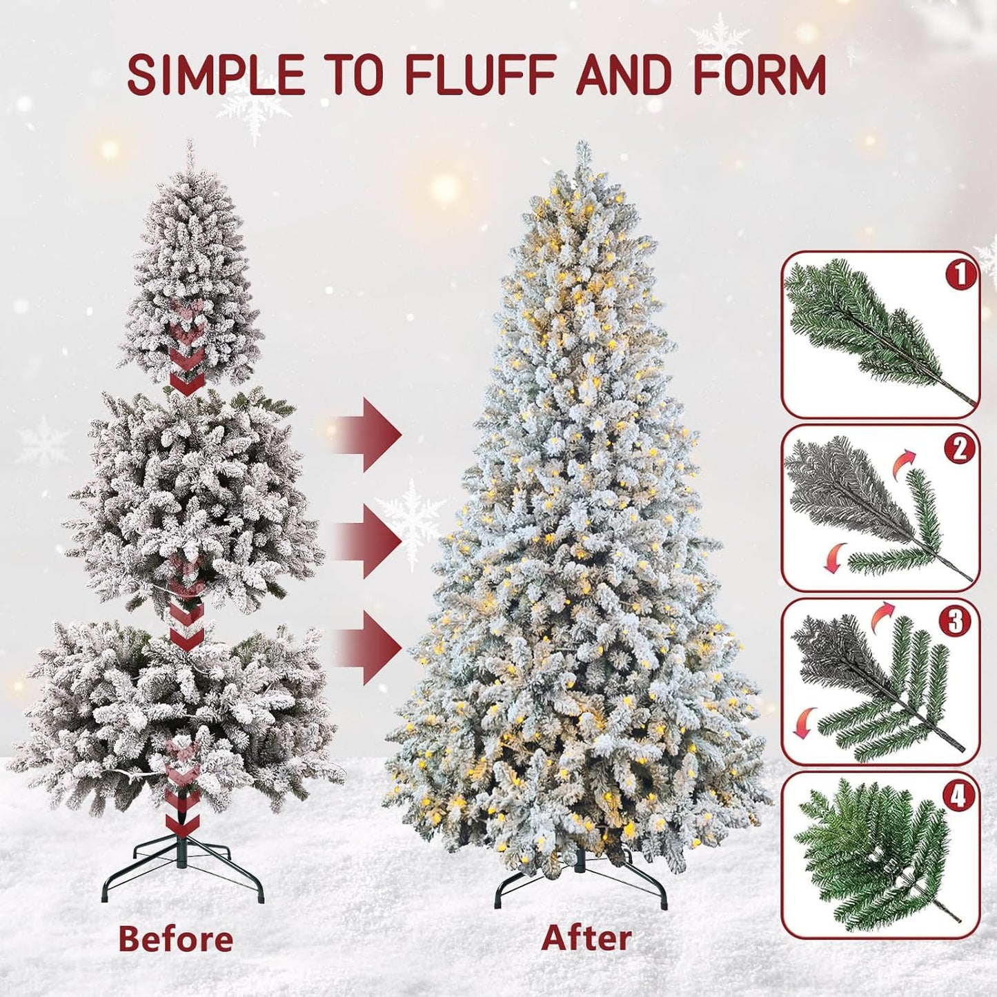 7.5ft Pre-lit Artificial Snow Flocked Christmas Tree with Quick Power Connect, 798 Warm White & Multi-Color LED Lights, and 1869 Branch Tips – Easy 3-Minute Setup Pencil Xmas Tree