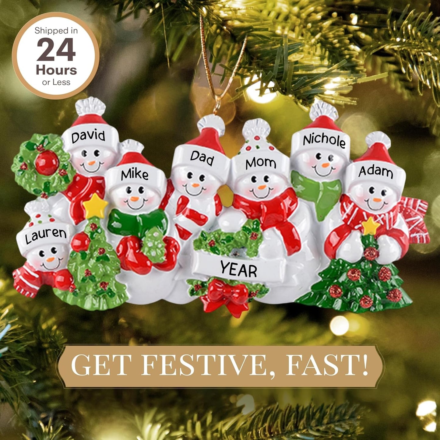 Personalized Family of 7 Ornament 2025 | Free 24h Customization | Laser Engraved Snowman Christmas Ornaments for Tree | Custom Gift Wrapped Festive Holiday Keepsake for Seven Persons