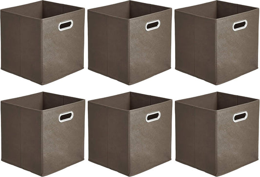 Amazon Basics Collapsible Cube Storage Organizer Bins, 6-Pack, 10.5 x 10.5 x 11 inches, Taupe