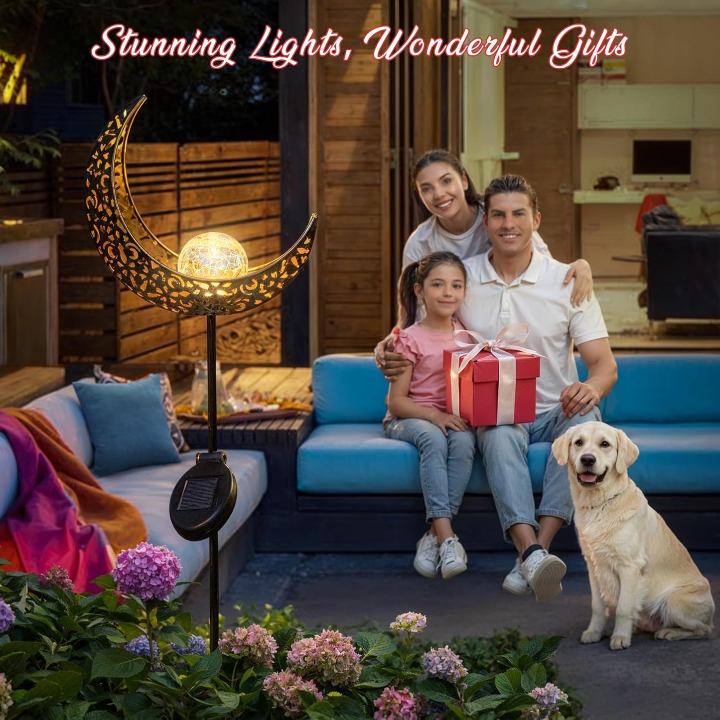 2Pack Moon Garden Solar Lights Outdoor Stakes Waterproof, Gifts for Mom, Crackle Glass Patio, Backyard Decorations, Balcony Lawn Ornaments, for Women Men Grandma (Bronze)