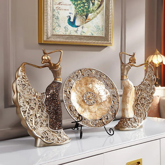 homary 3PCS Peacock Dancer Figurines Statue Vintage Romantic Resin Sculpture Set Decorative Ornaments for Office Desktop Bookshelf Decor, Gold