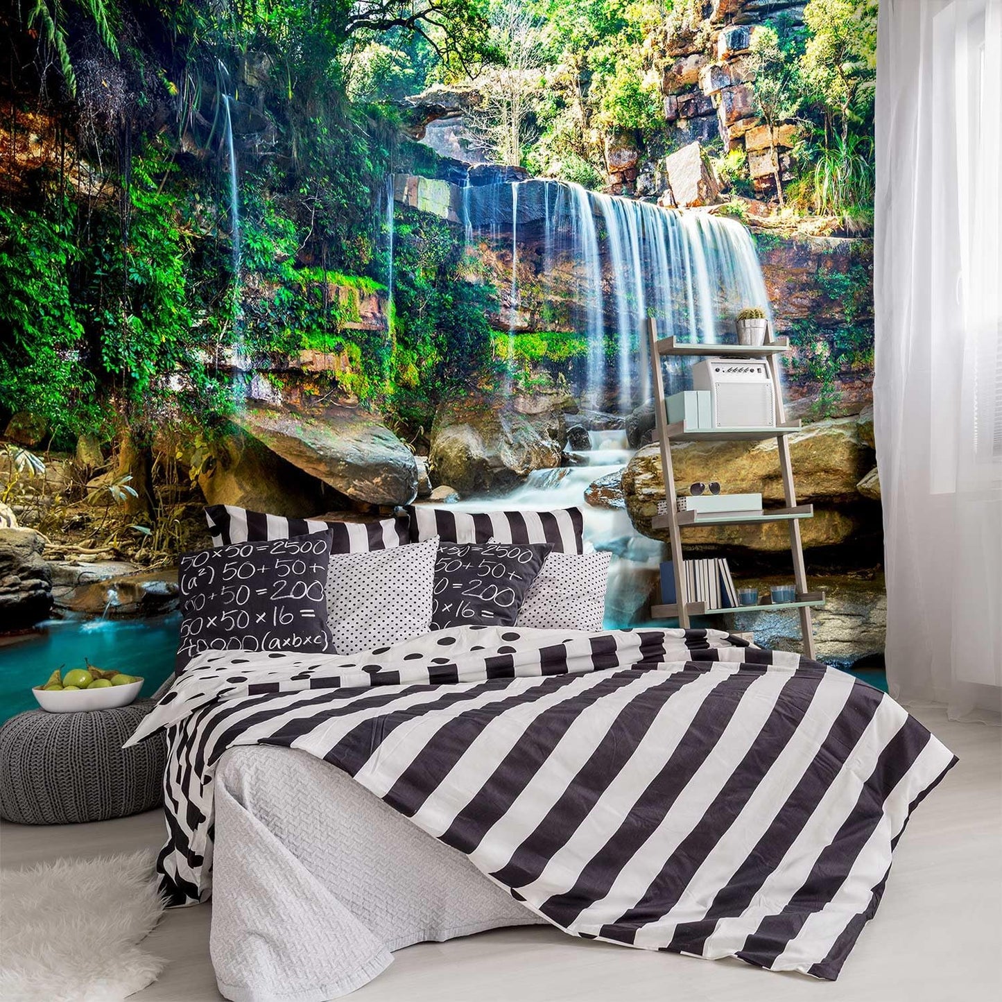 -Green Lake Waterfall Scenery Fabric Wallpaper Living Room Woodland Forest Mountain Bedroom Bathroom Large Wall Mural- 137"x96"（ not Peel and Stick）