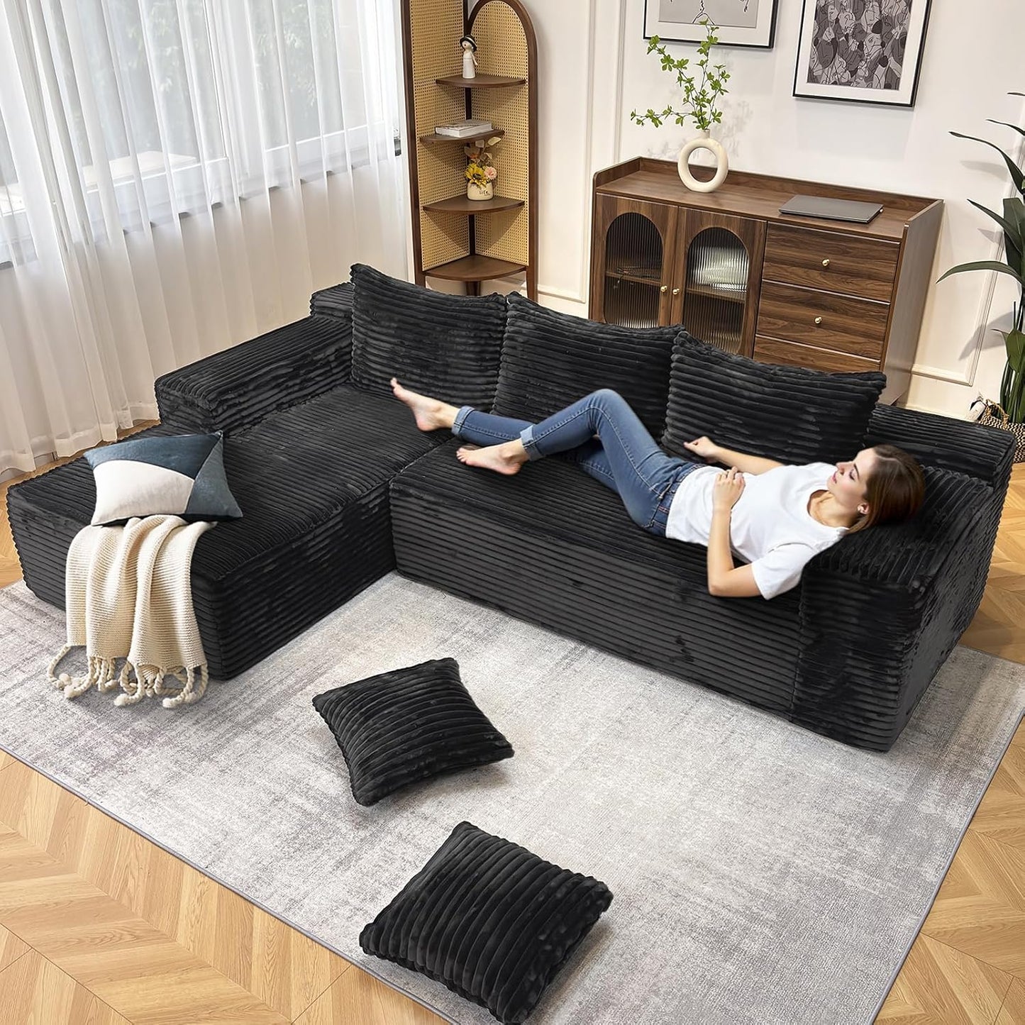 104" Modern Modular L-Shape Sofa Couch with Chaise Black Faux Rabbit Fur Cloud Sectional Couch with Deep Seat Modular Sectional Sofa No Assembly Required Upholstered Couches for Living Room Bedroom
