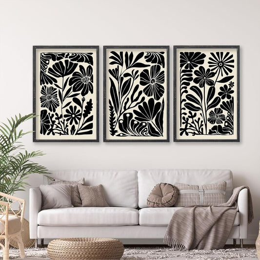 Abstract Floral Botanical Wall Art 16x11 Inch 3 Piece Black Vintage Boho Plant Flower Minimalist Wood Frame Sign Home Living Room Family Office Mid Century Print Wall Hanging Decor (Black)
