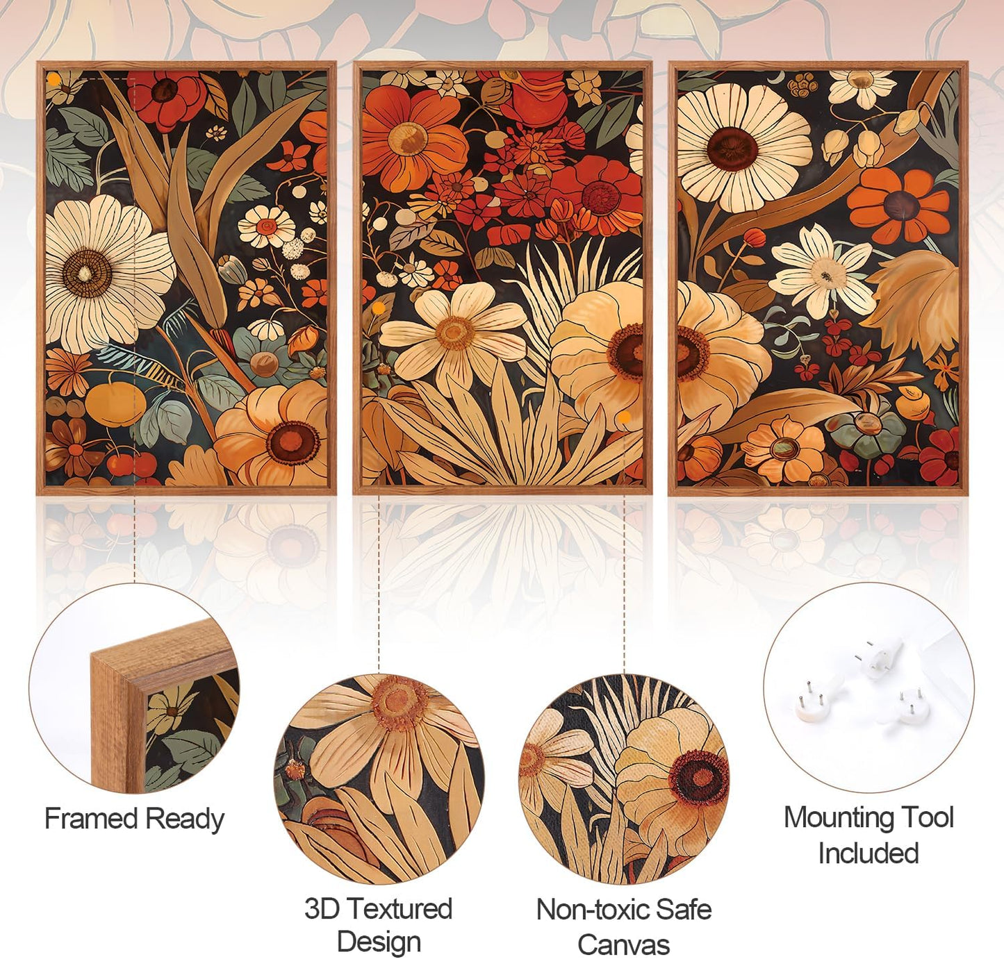 Aurlan Boho Burnt Orange Terracotta Wildflowers Framed Wall Art(16"x24"), 3 PCS Abstract Floral 3D Textured Canvas Artwork, Large Modern Vintage Botanical Nature Art Wall Decor for Home Office Living Room Bedroom