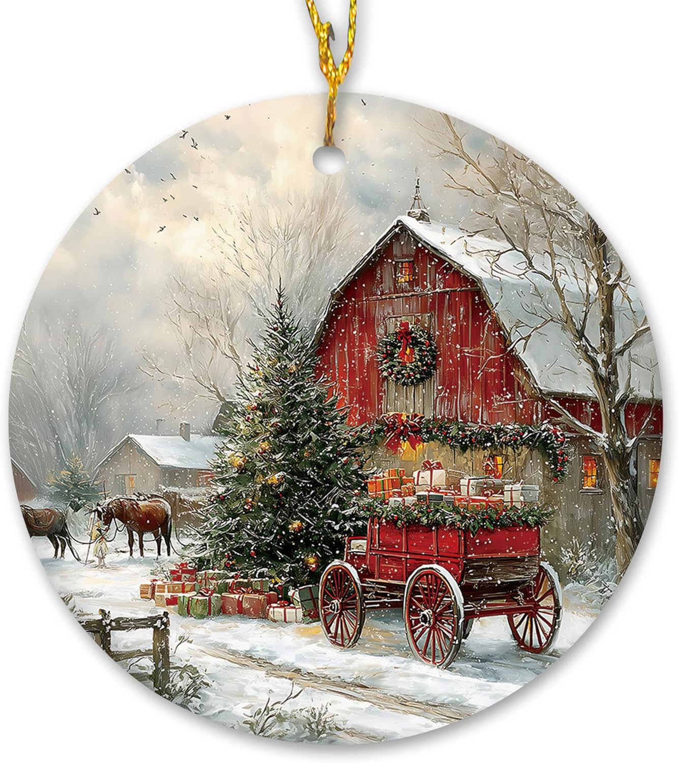 Vintage Christmas Ceramic Ornament Gifts, Retro Rustic Winter Christmas Countryside Decorative Hanging Ornaments for Xmas Tree Holiday Party Decoration, Winter Xmas Tree Decorations