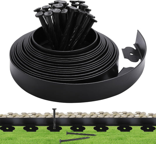 Garden Landscape Edging Border 33 FT with 30 Spikes, 2" Tall Plastic No Dig Garden Edging Roll, Flexible Lawn Edging for Landscaping Flower Beds Yard Pathway