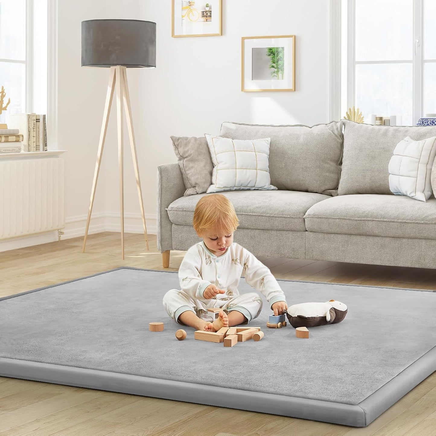 Baby Play Mat for Floor Tummy Time Nursery Rug Muscle Mat Area Playroom Rug 4'11x3'28" Memory Foam 1.3" Thick Crawling for Babies,Toddlers, Infants, Kids(Light Gray)