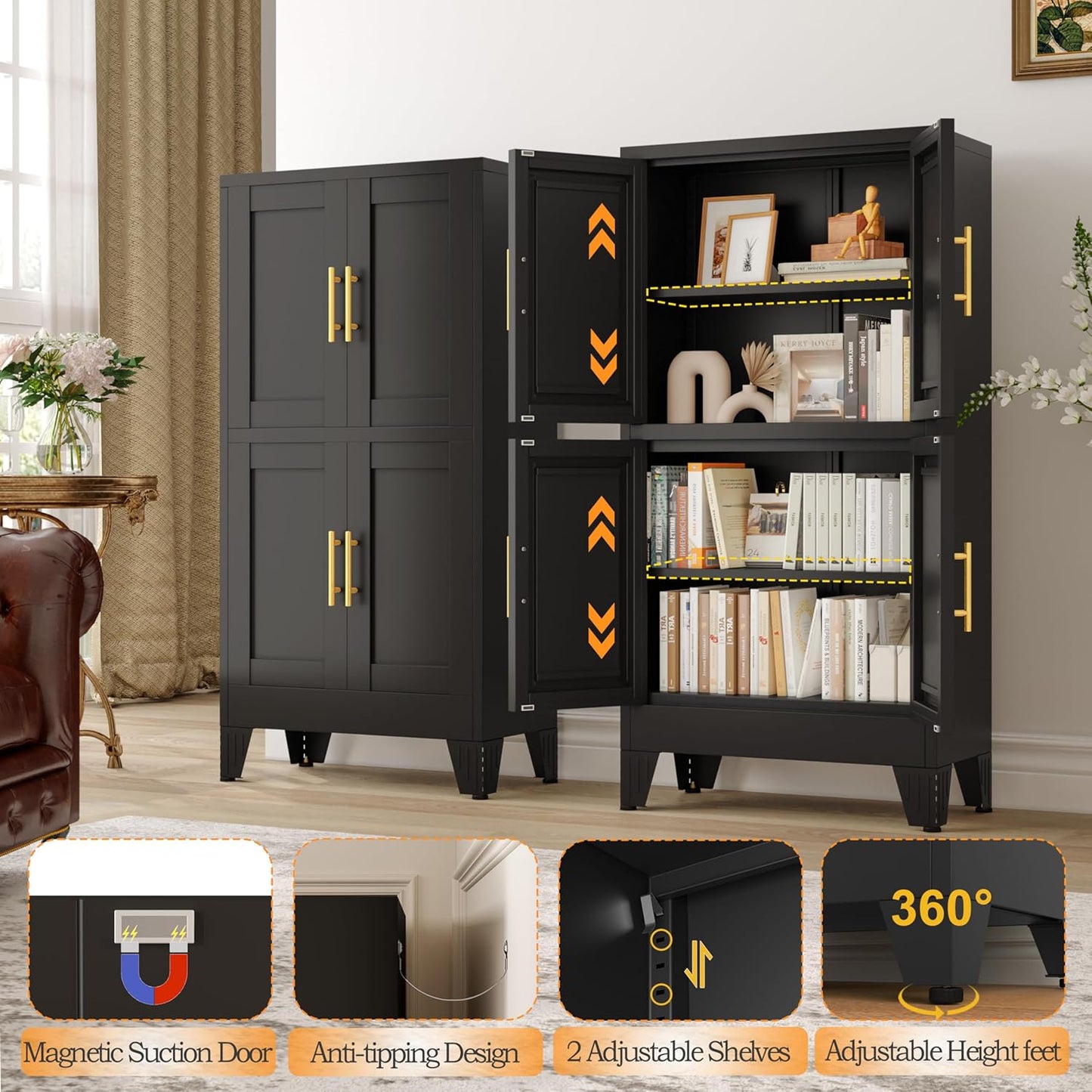 47.25" Metal Storage Cabinet, Black Kitchen Food Storage with 4 Door and 2 Adjustable Shelves, Freestanding Bathroom Cabinet, Pantry for Kitchen Dinning Room, Cupboard