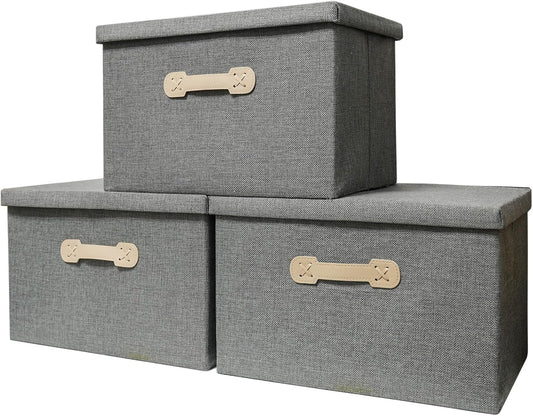 Enzk&Unity Decorative Storage Boxes with Lids, 3 Pack Grey Fabric Storage Bins with Handle, Foldbale and Stackable Storage Boxes for Shelf, Closet, Bedroom, Living Room