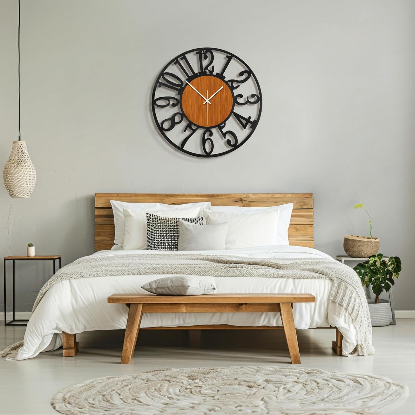 Maxstar Round Wall Clock for Living Room Decor Battery Operated Non Ticking Black Metal Wood Clocks for Home Living Room Garden Office Kitchen Decoration -13 inch