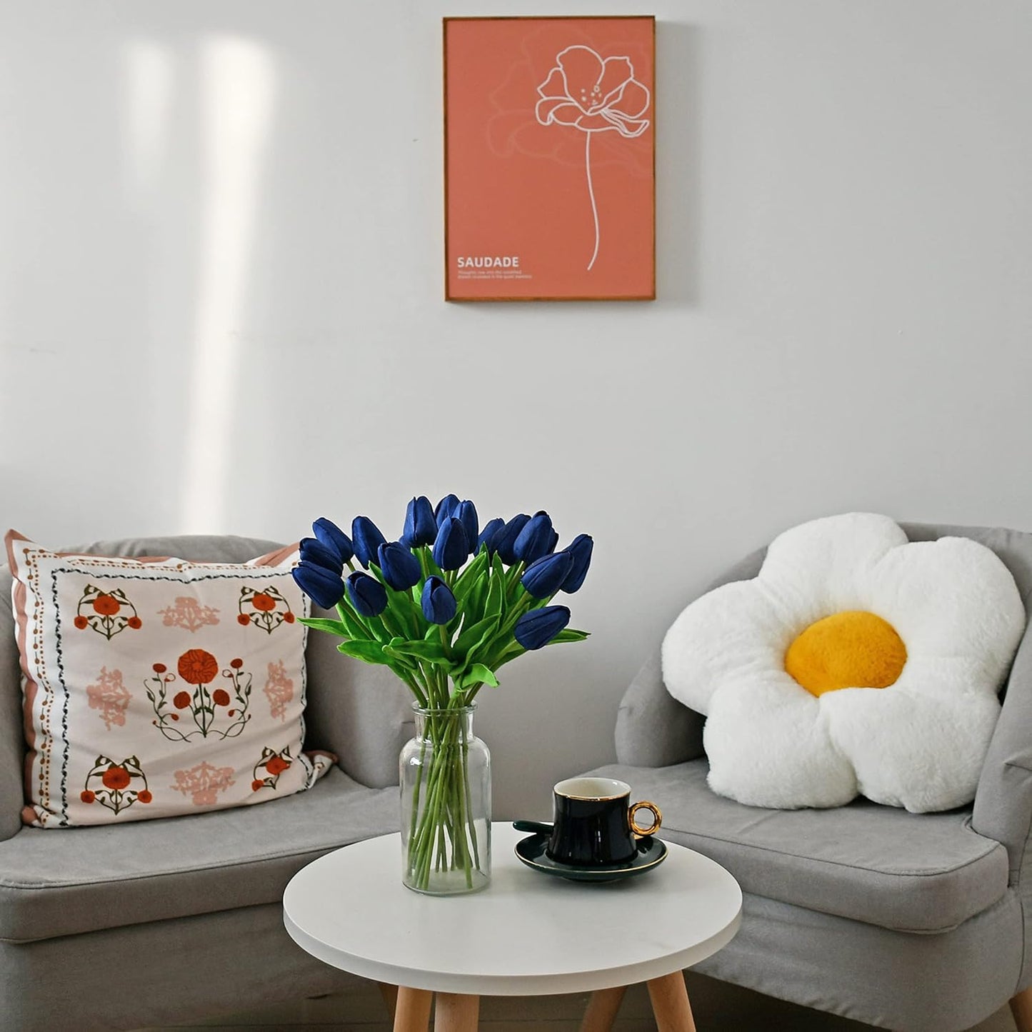 Mandy's Artificial Tulips 20 Stems Navy Blue PU Faux Flowers for Wedding Home Decor 13.5 Inch