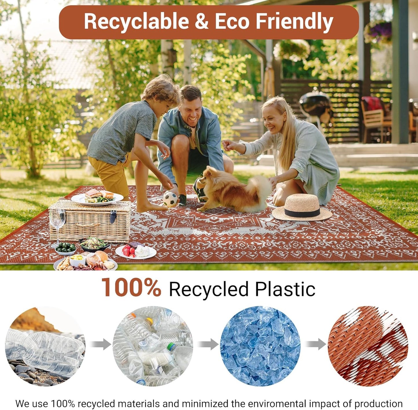 GAOMON Outdoor Rugs for Patio 8x10 Waterproof Reversible Plastic Straw Rug, Large UV-Resistant Portable RV Camping Mats, Indoor Outdoor Medallion Carpet for Outside Deck Porch Garden, Red & White