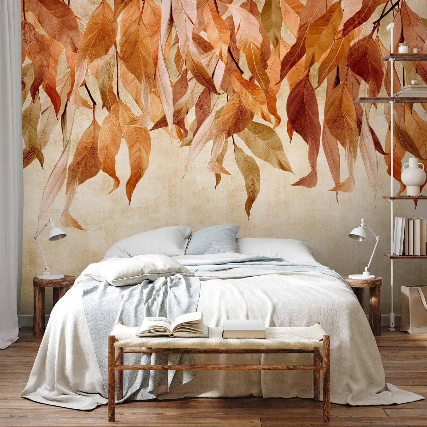 artgeist Wall Mural Hanging Leaves 157x110 in - Non-Woven Wallpaper Fleece Wall Decor Photo Print Picture Image Design Nature Botanical Concrete Orange Beige b-C-10146-a-c