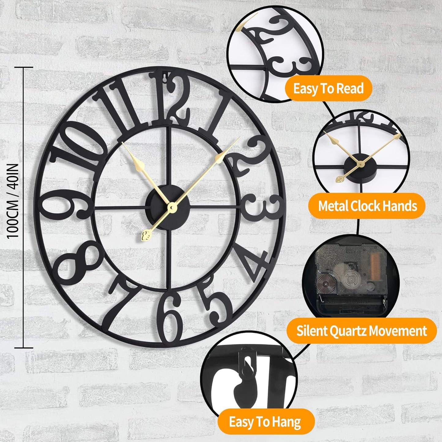 LEIKE 40 Inch Extra Large Wall Clock, Decorative Oversized Arabic Numerals Battery Operated Black Metal Wall Clocks for Living Room,Kitchen,Office, Farmhouse,Entrance Decor