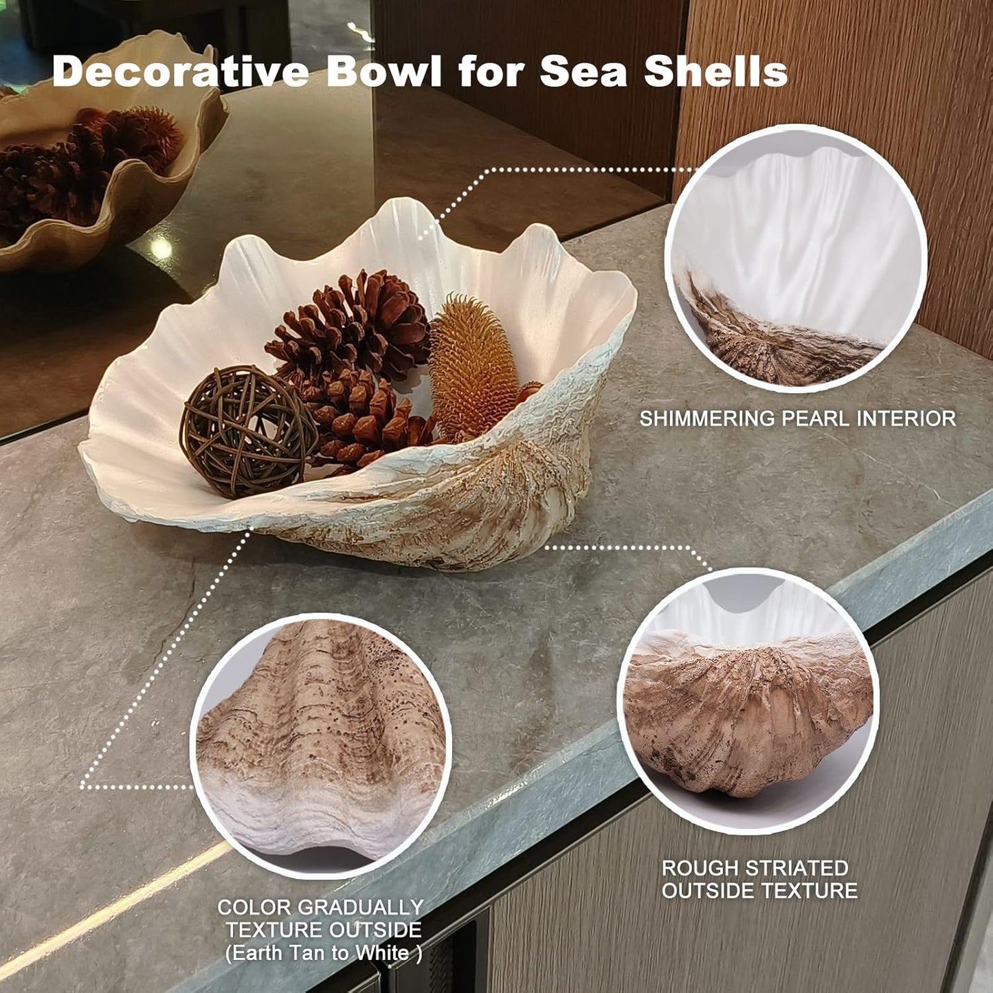 Large EarthTan-White Sea Shells Decorative Bowl Resin Clam Shell Bowl Beach Decorations for Home Coastal Beach Decor Decoration Storage Bowls & Home Office Nautical Themed Party Decor -10.2"-1PC